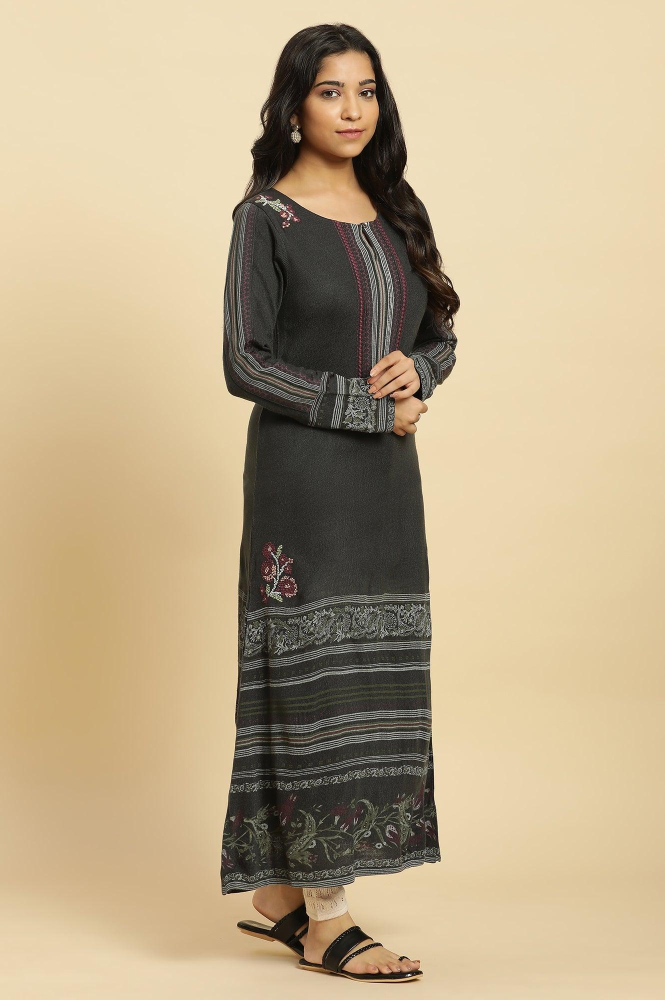 Dark Grey Crosstitch Embroidered Kurta - wforwoman