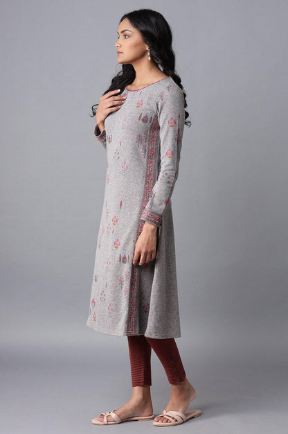 Grey Melange Floral Jacquard kurta - wforwoman