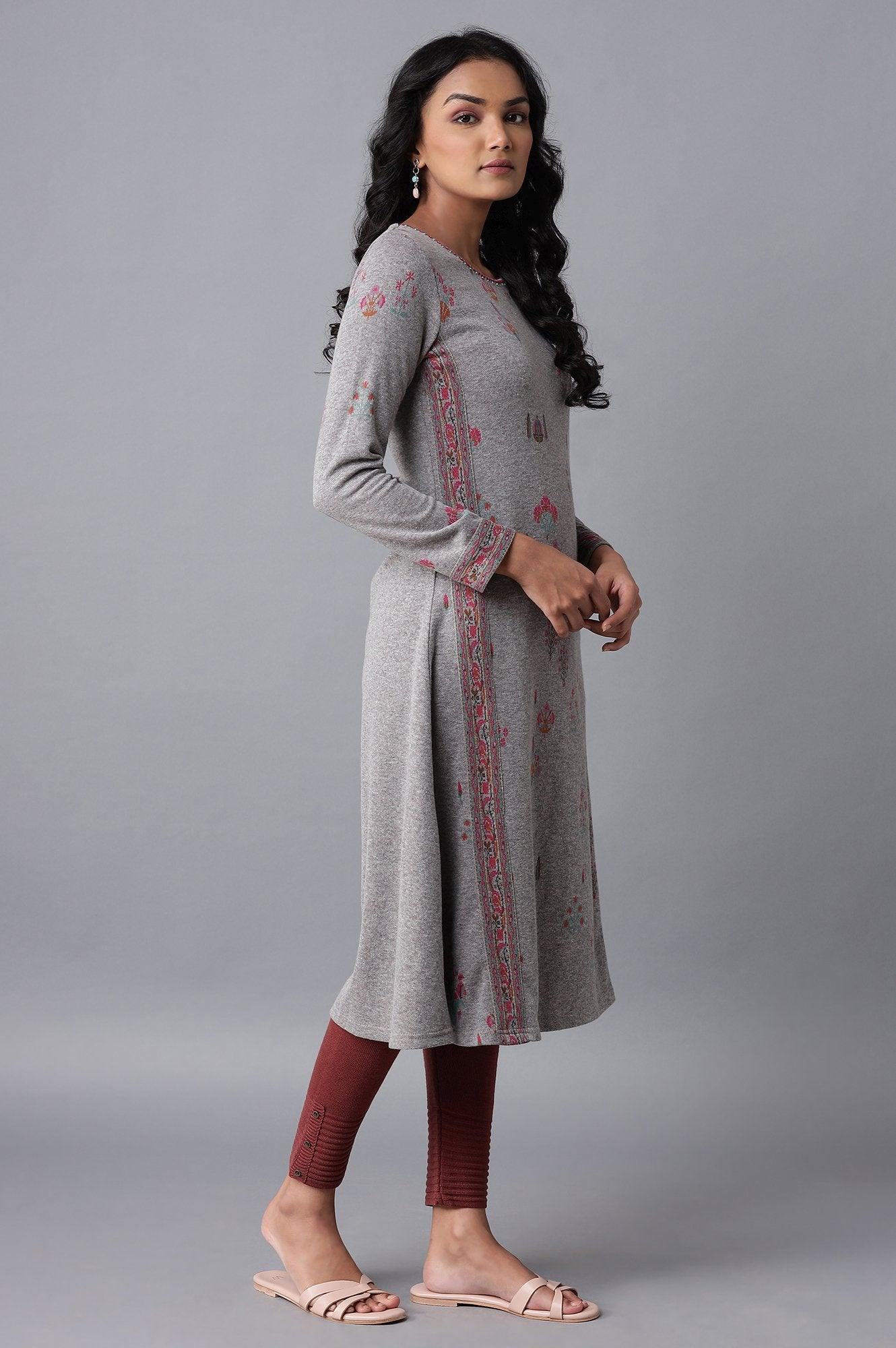 Grey Melange Floral Jacquard kurta - wforwoman