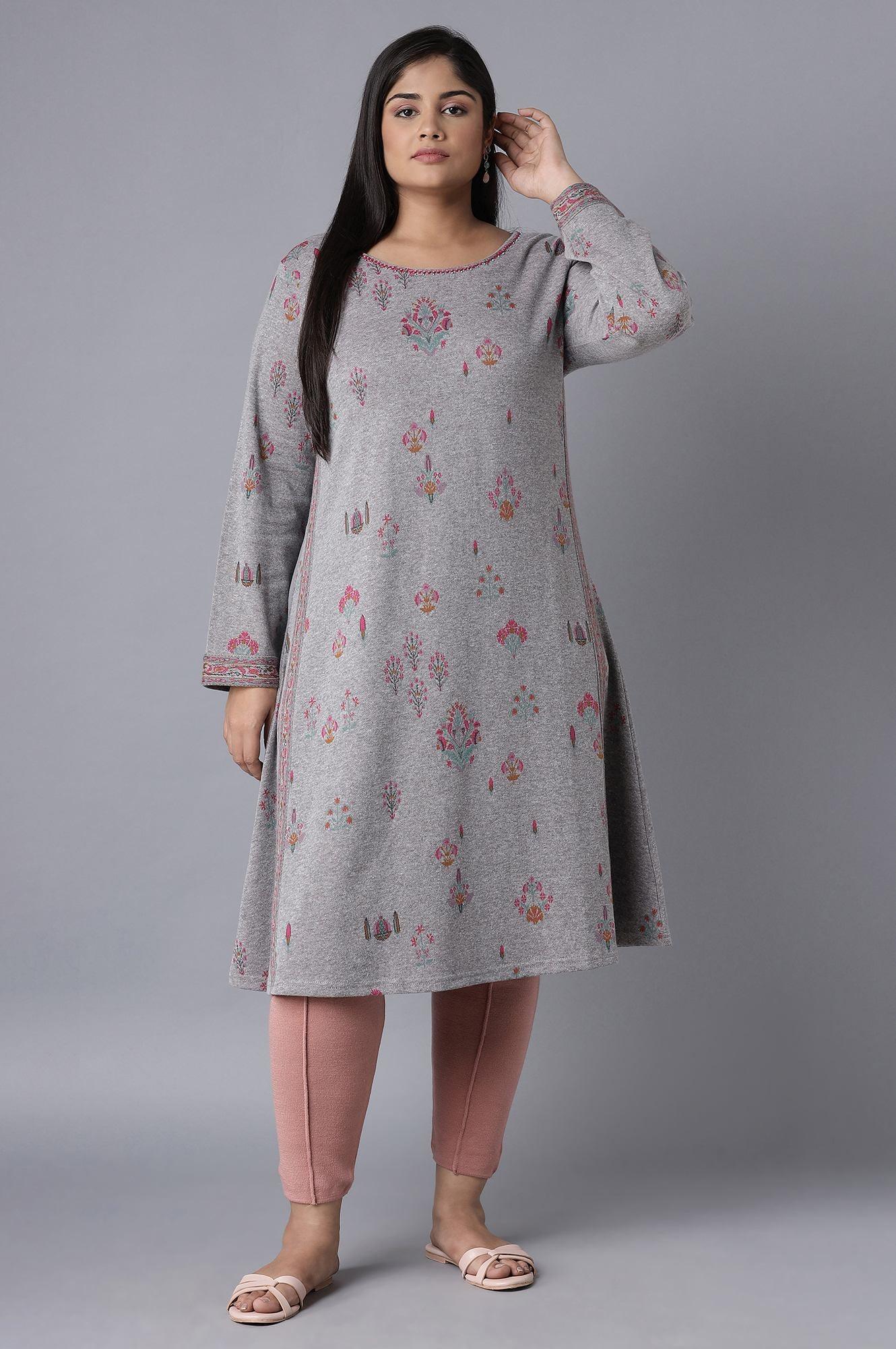 Grey Melange Floral Jacquard kurta - wforwoman