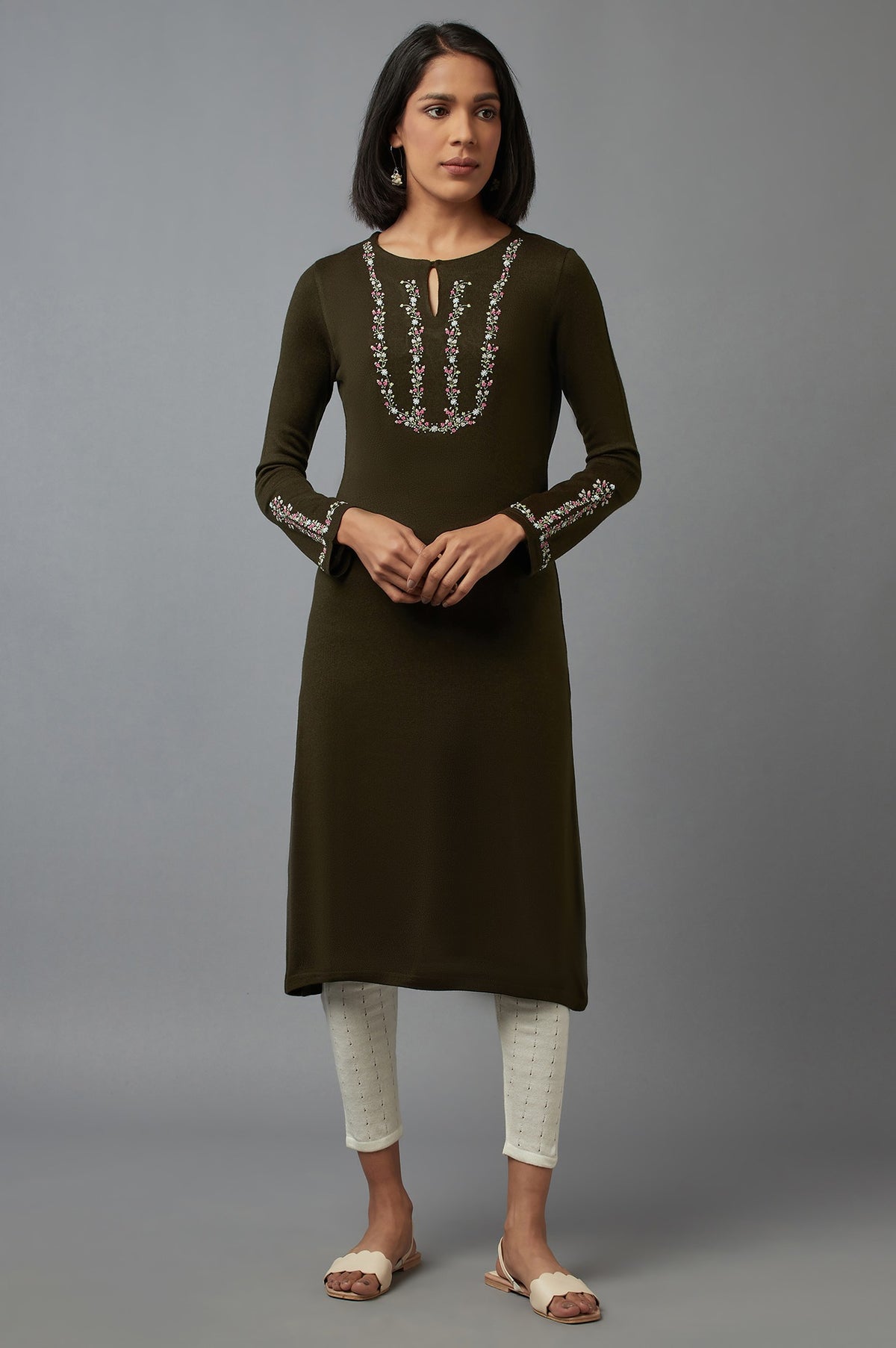 Olive Embroidered Kurta - XS