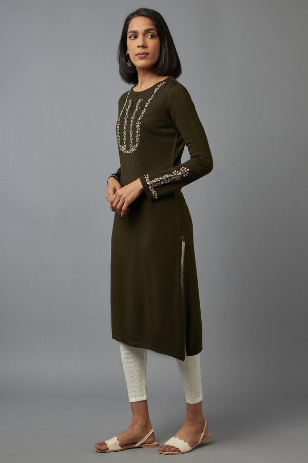 Olive Embroidered Kurta