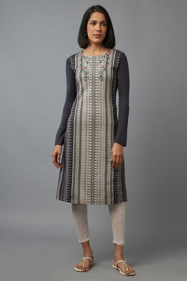 Dark Grey Colour Block kurta with Crosstitch Embroidery