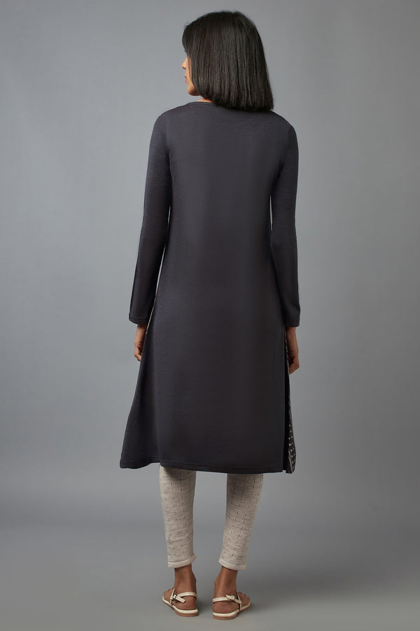 Dark Grey Colour Block kurta with Crosstitch Embroidery
