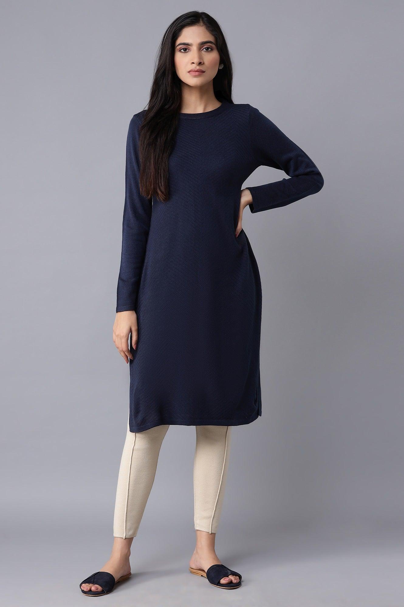 Dark Blue Slim Fit Winter Dress - wforwoman