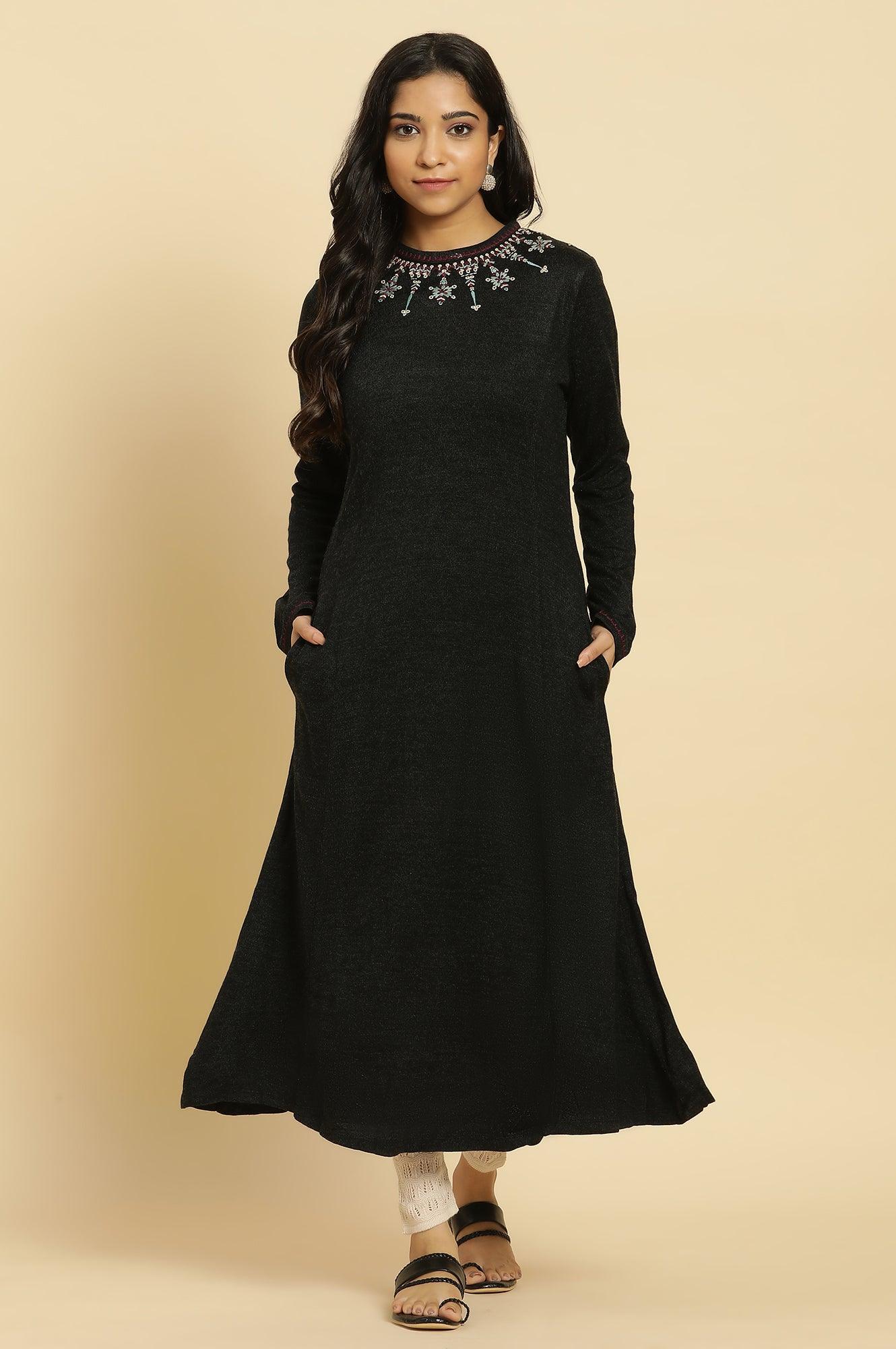 Black Embroidered Acrylic Kurta - wforwoman