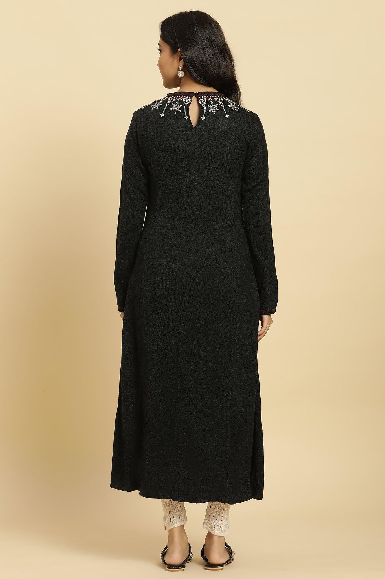 Black Embroidered Acrylic Kurta - wforwoman