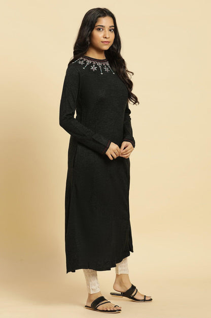 Black Embroidered Acrylic Kurta - wforwoman