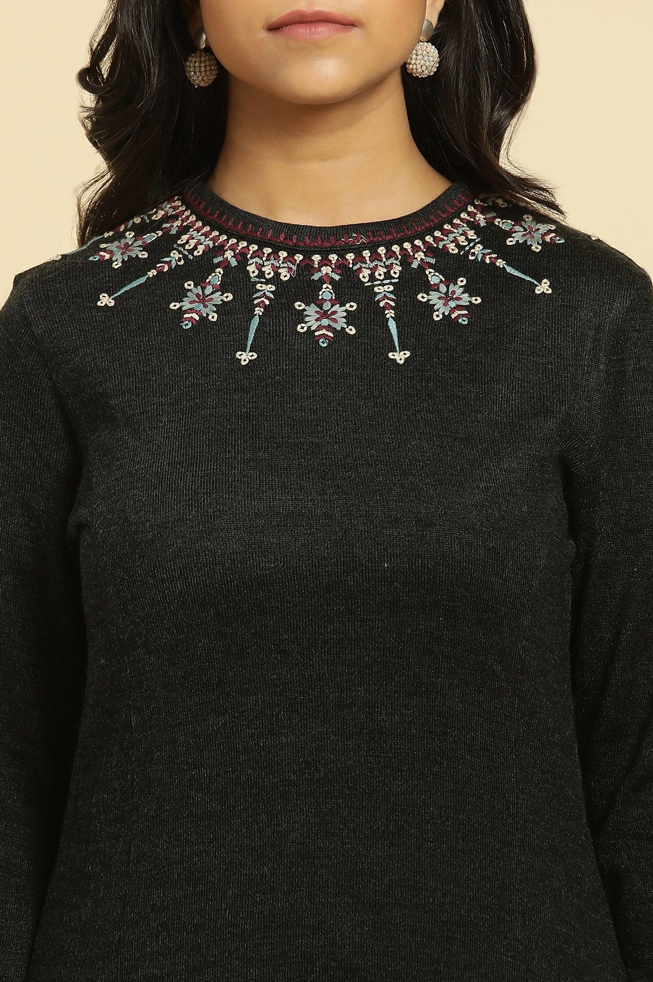 Black Embroidered Acrylic Kurta - wforwoman