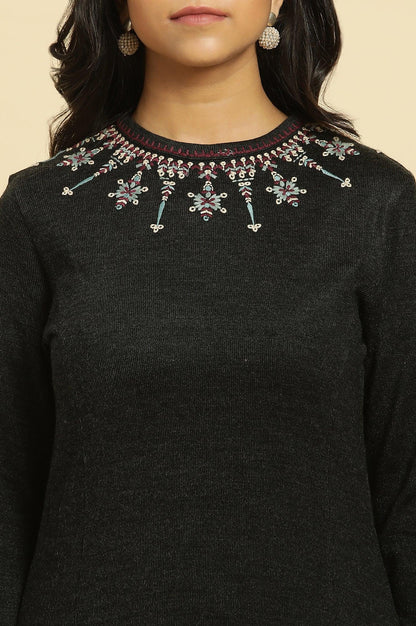 Black Embroidered Acrylic Kurta - wforwoman