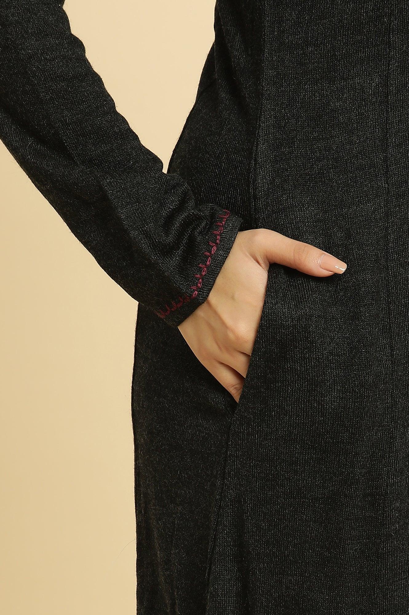 Black Embroidered Acrylic Kurta - wforwoman