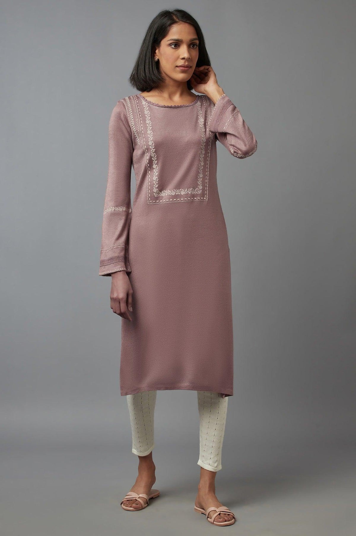 Light Pink Embroidered Acrylic kurta - XS
