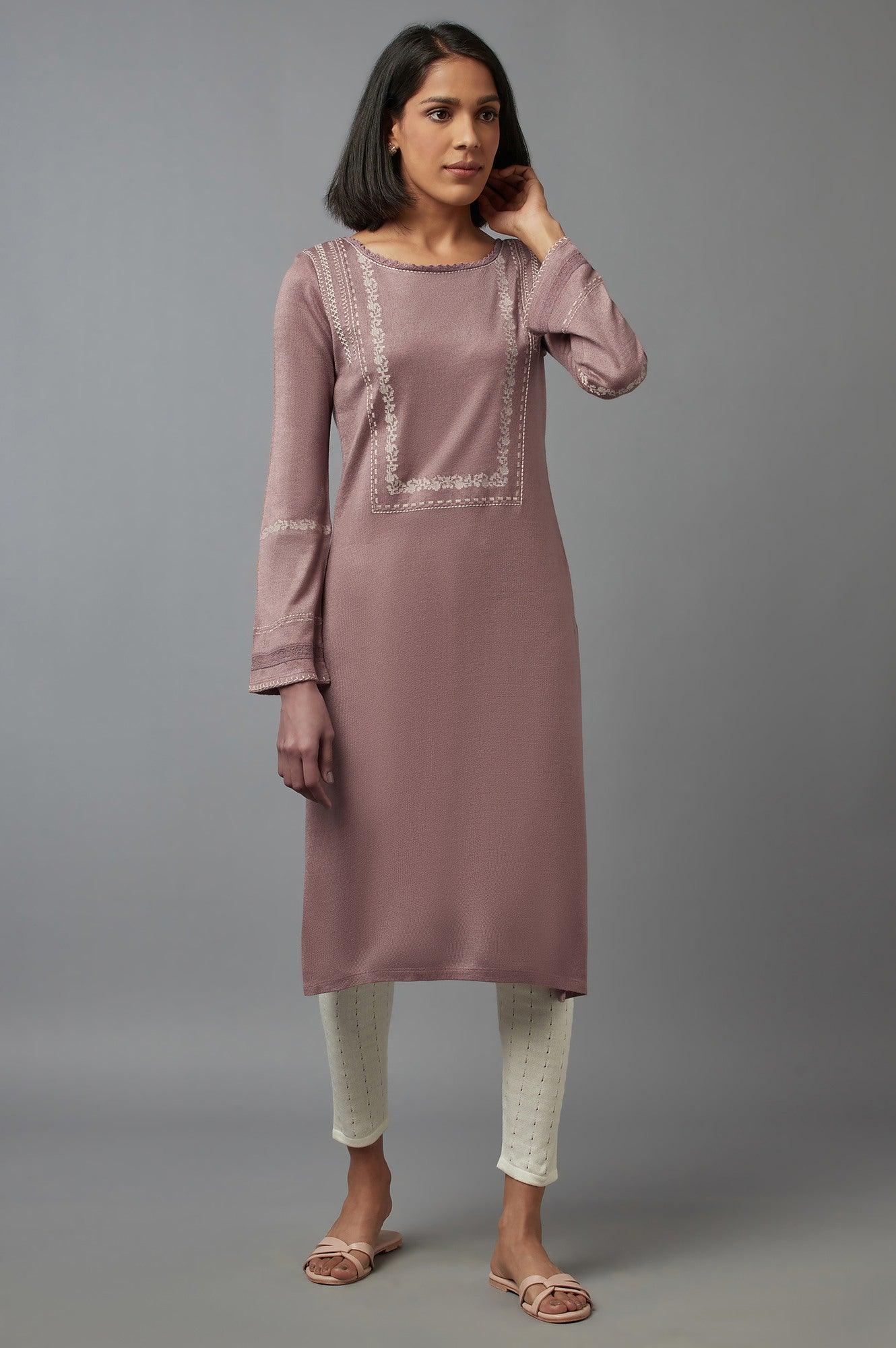 Light Pink Embroidered Acrylic kurta - wforwoman