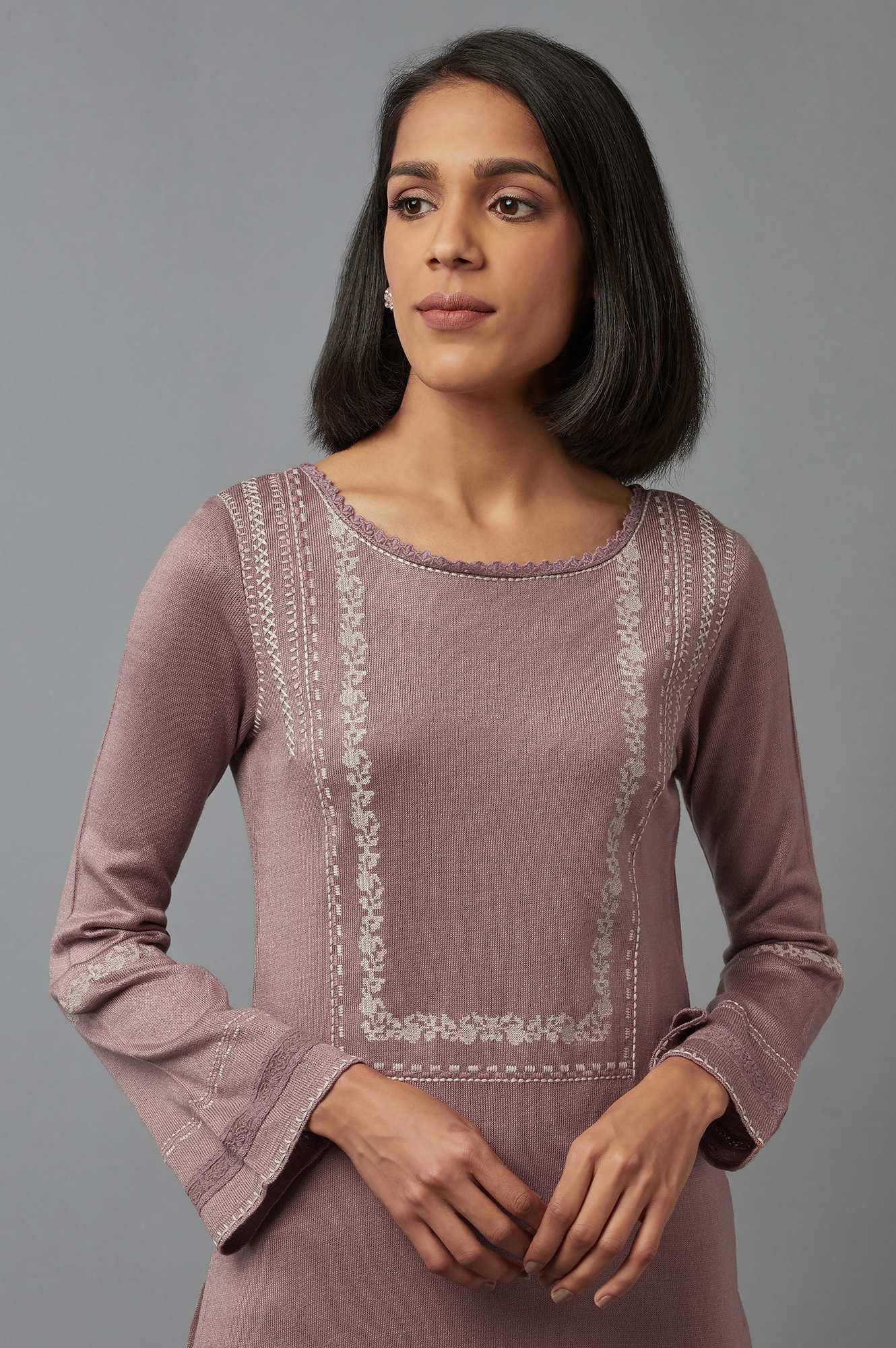 Light Pink Embroidered Acrylic kurta - wforwoman