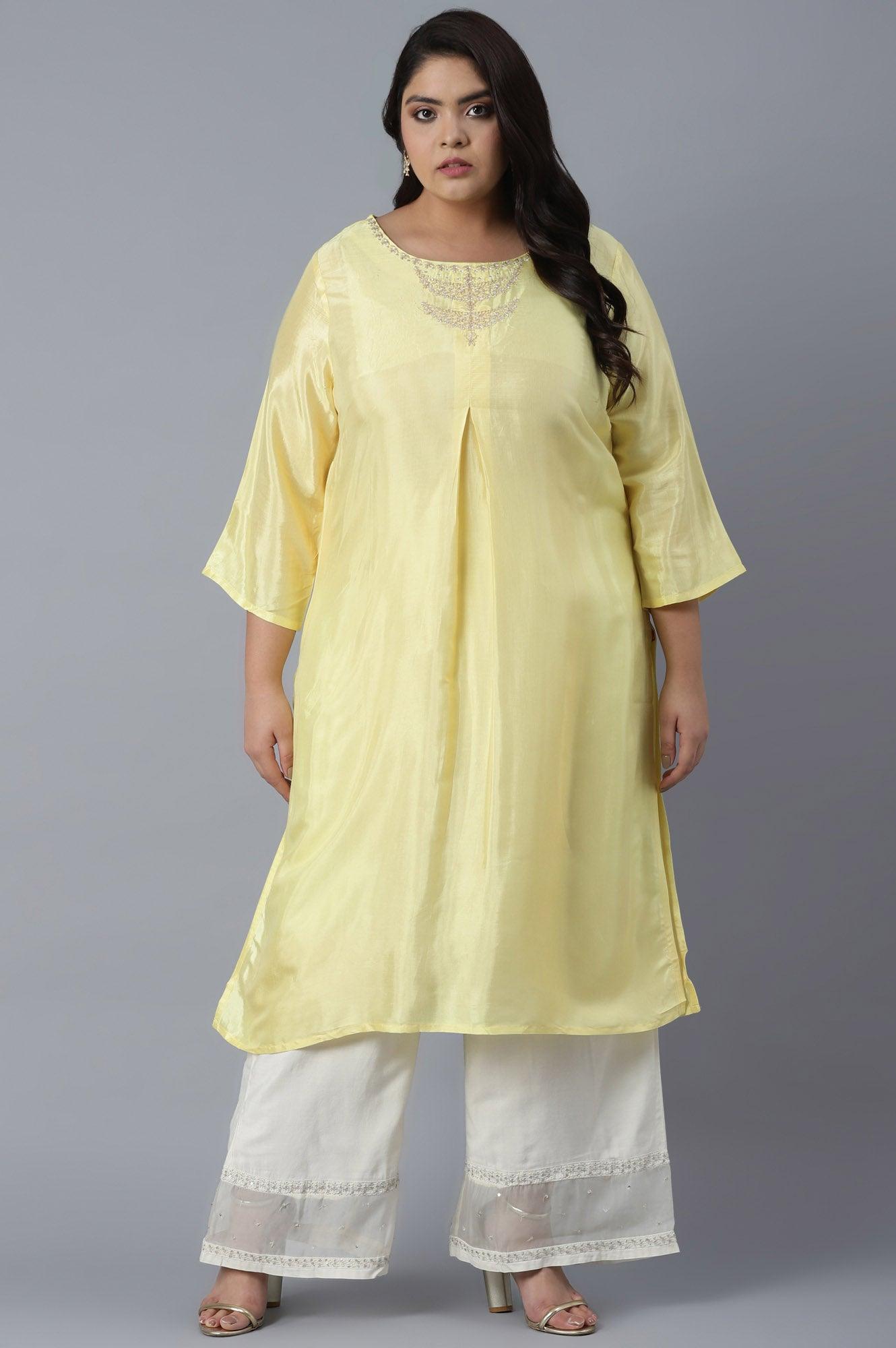 Light Yellow Shantung kurta in Metallic Embroidery - wforwoman