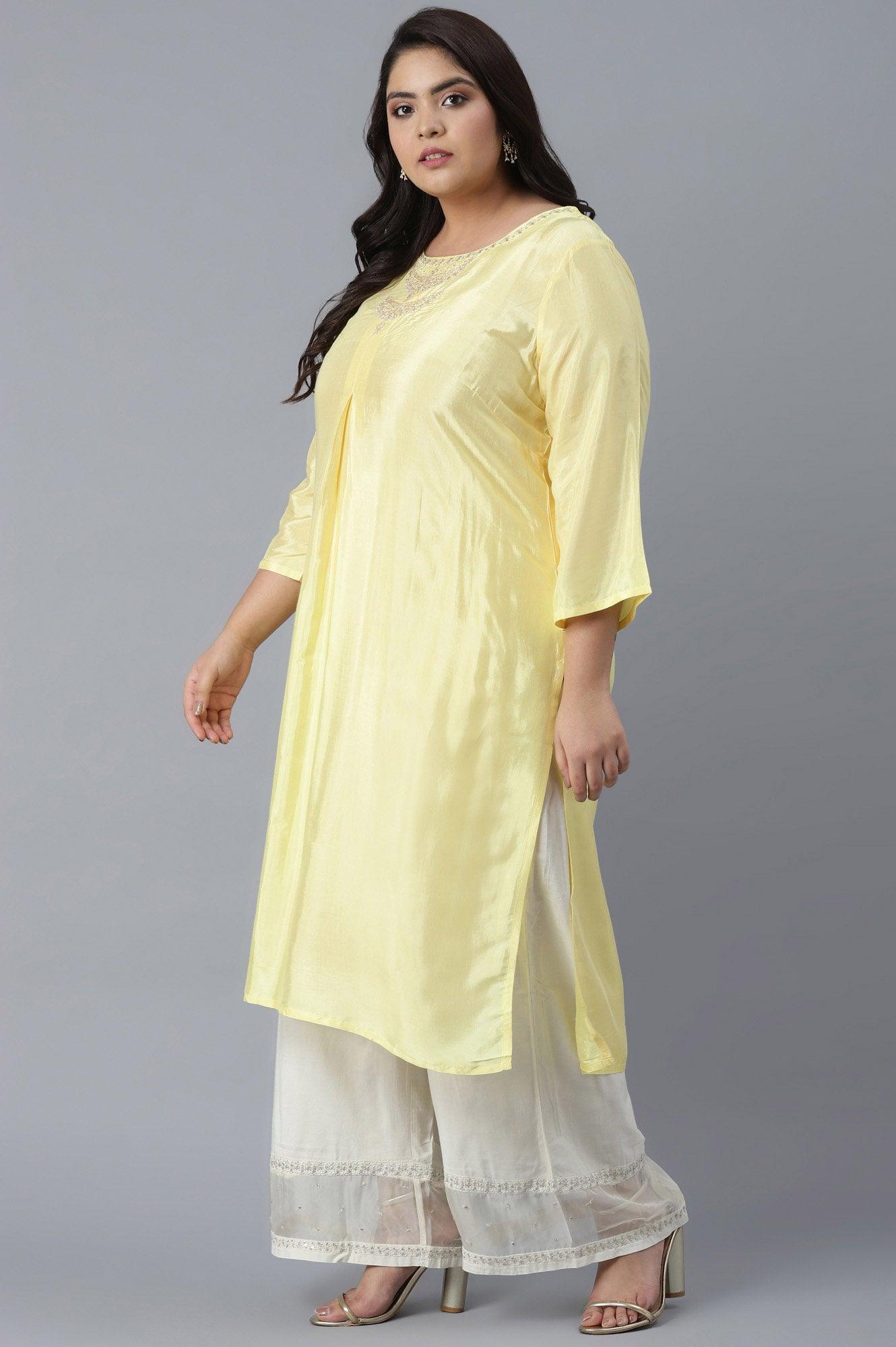 Light Yellow Shantung kurta in Metallic Embroidery - wforwoman