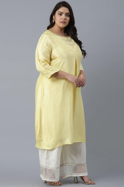 Light Yellow Shantung kurta in Metallic Embroidery - wforwoman