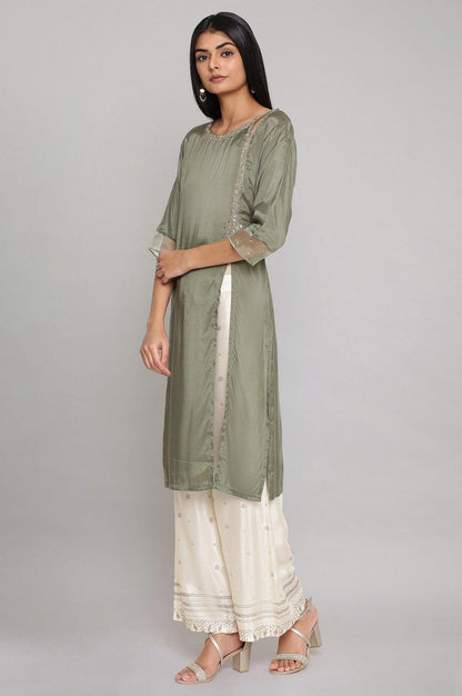 Green Embroidered kurta-Flared Pants Set - wforwoman