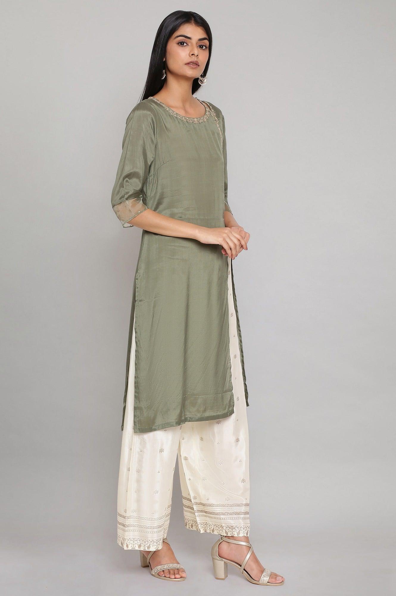 Green Embroidered kurta-Flared Pants Set - wforwoman