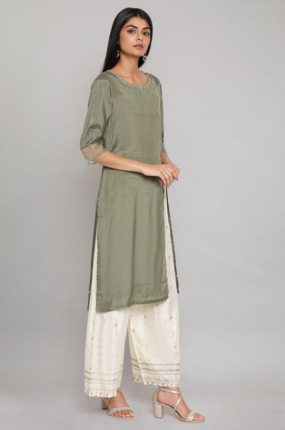 Green Embroidered kurta-Flared Pants Set - wforwoman