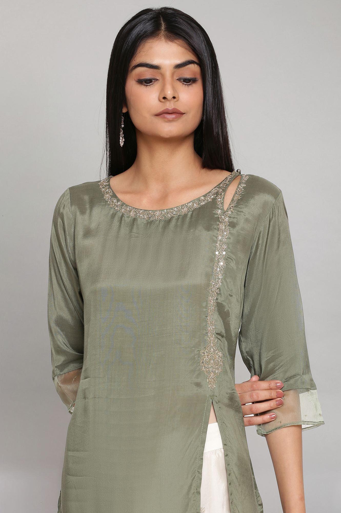 Green Embroidered kurta-Flared Pants Set - wforwoman