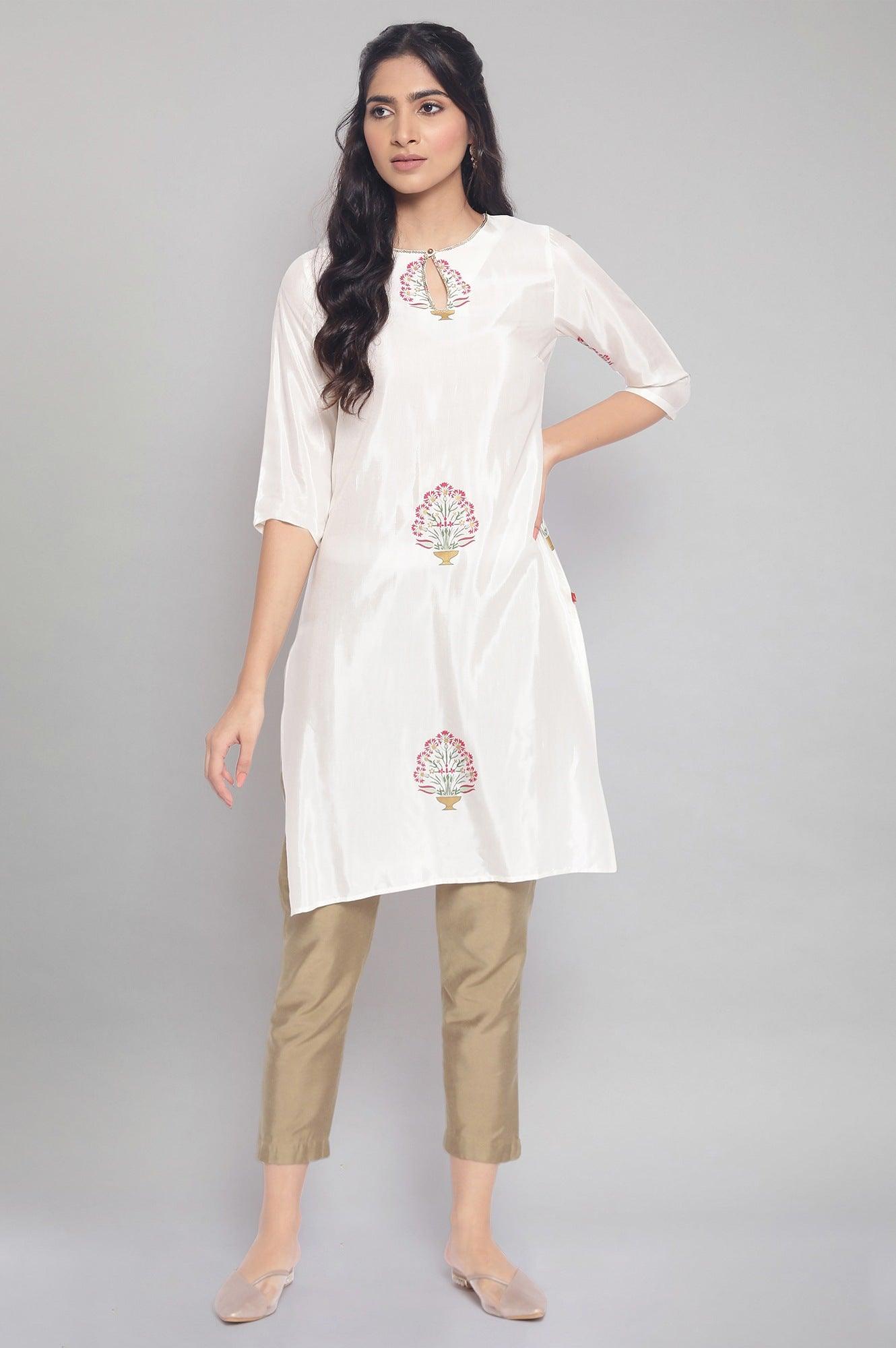 Ecru kurta with Floral Gold Foil Print - wforwoman