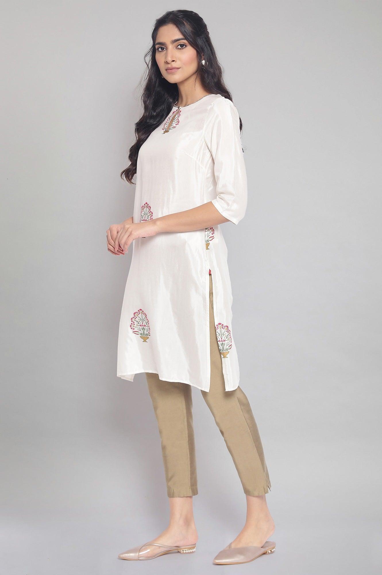 Ecru kurta with Floral Gold Foil Print - wforwoman