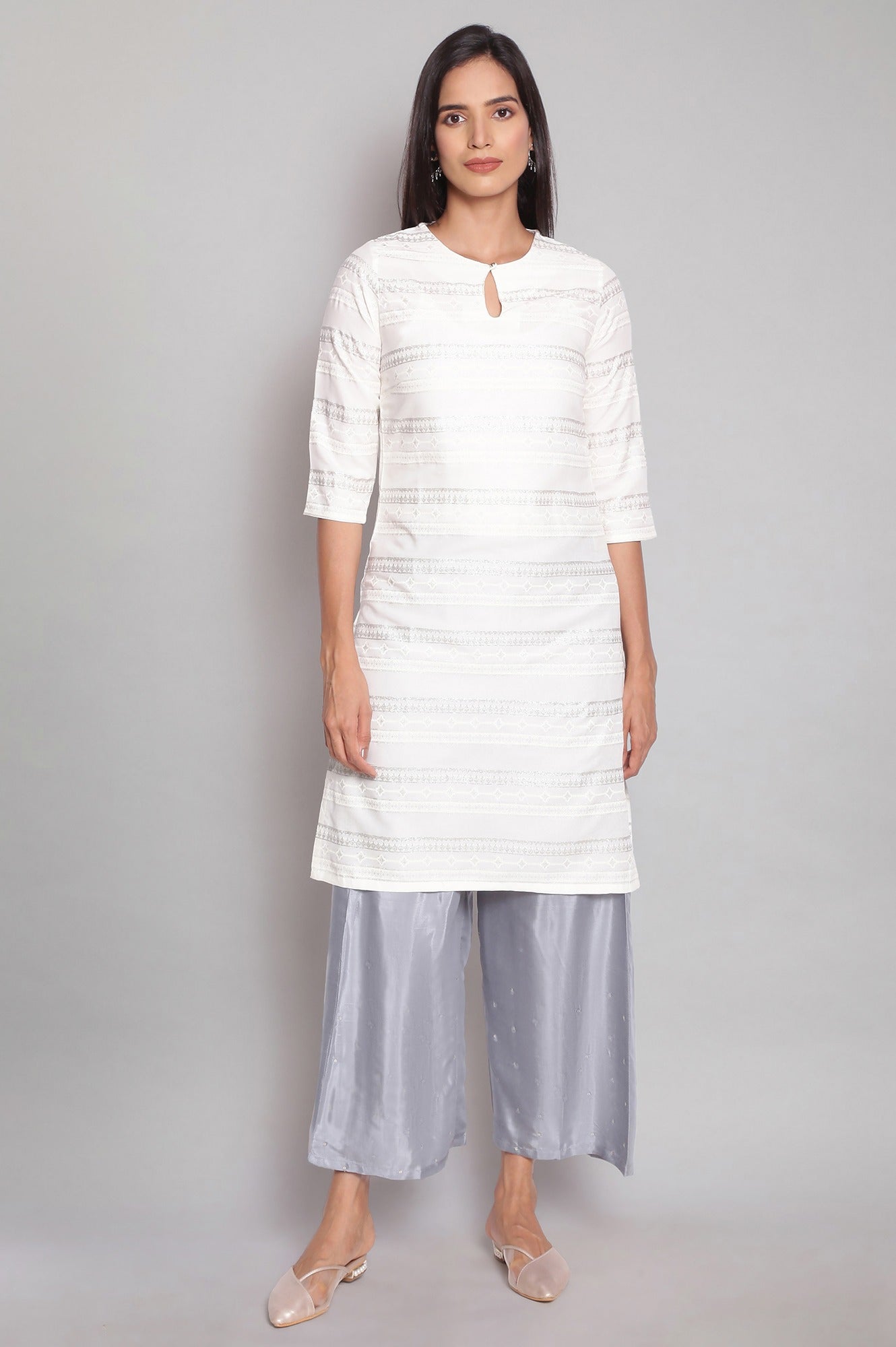 Ecru Glitter Printed Straight kurta