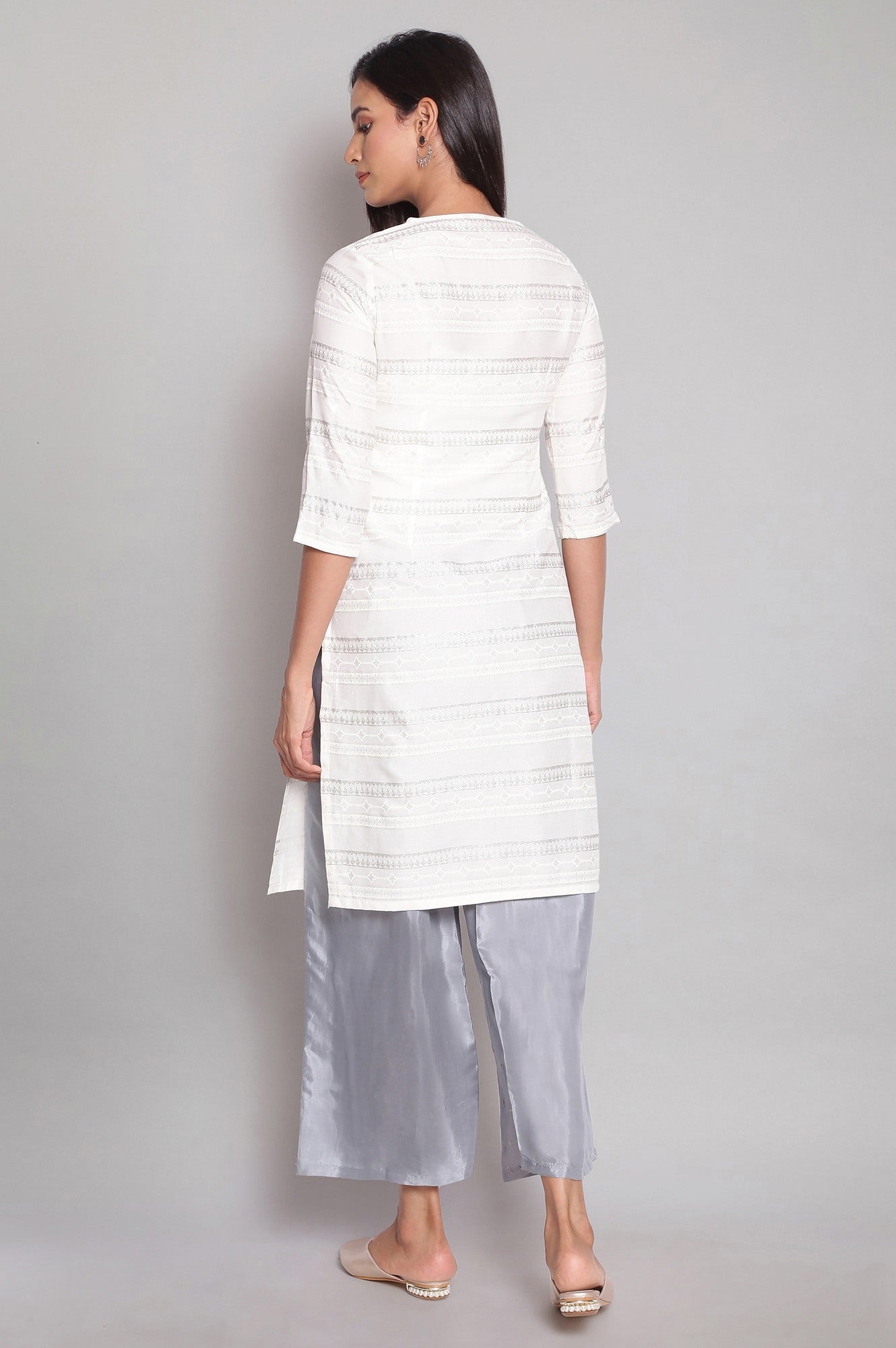 Ecru Glitter Printed Straight kurta