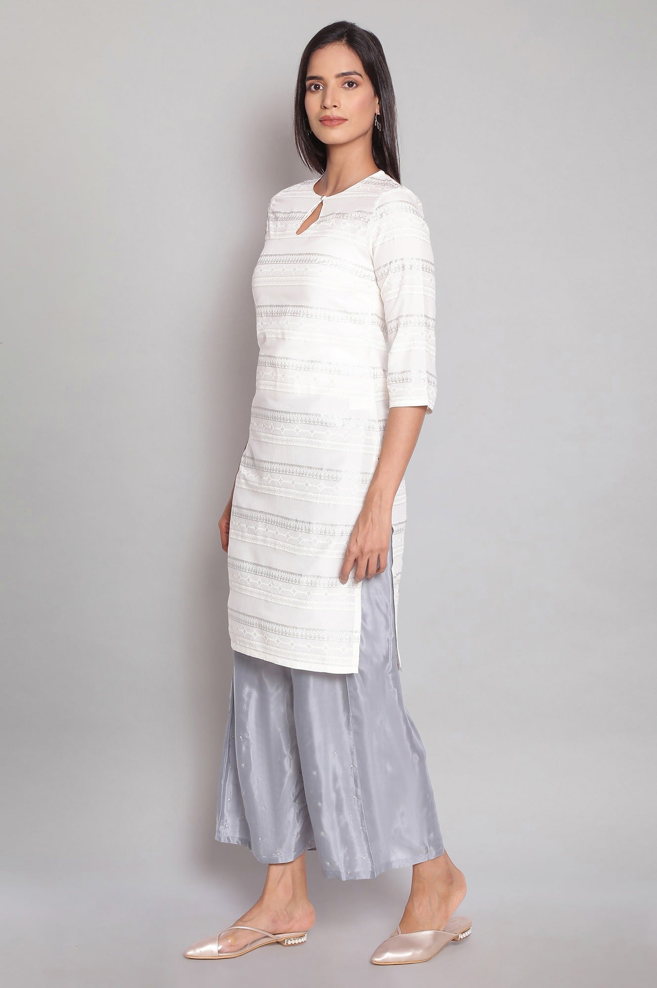 Ecru Glitter Printed Straight kurta