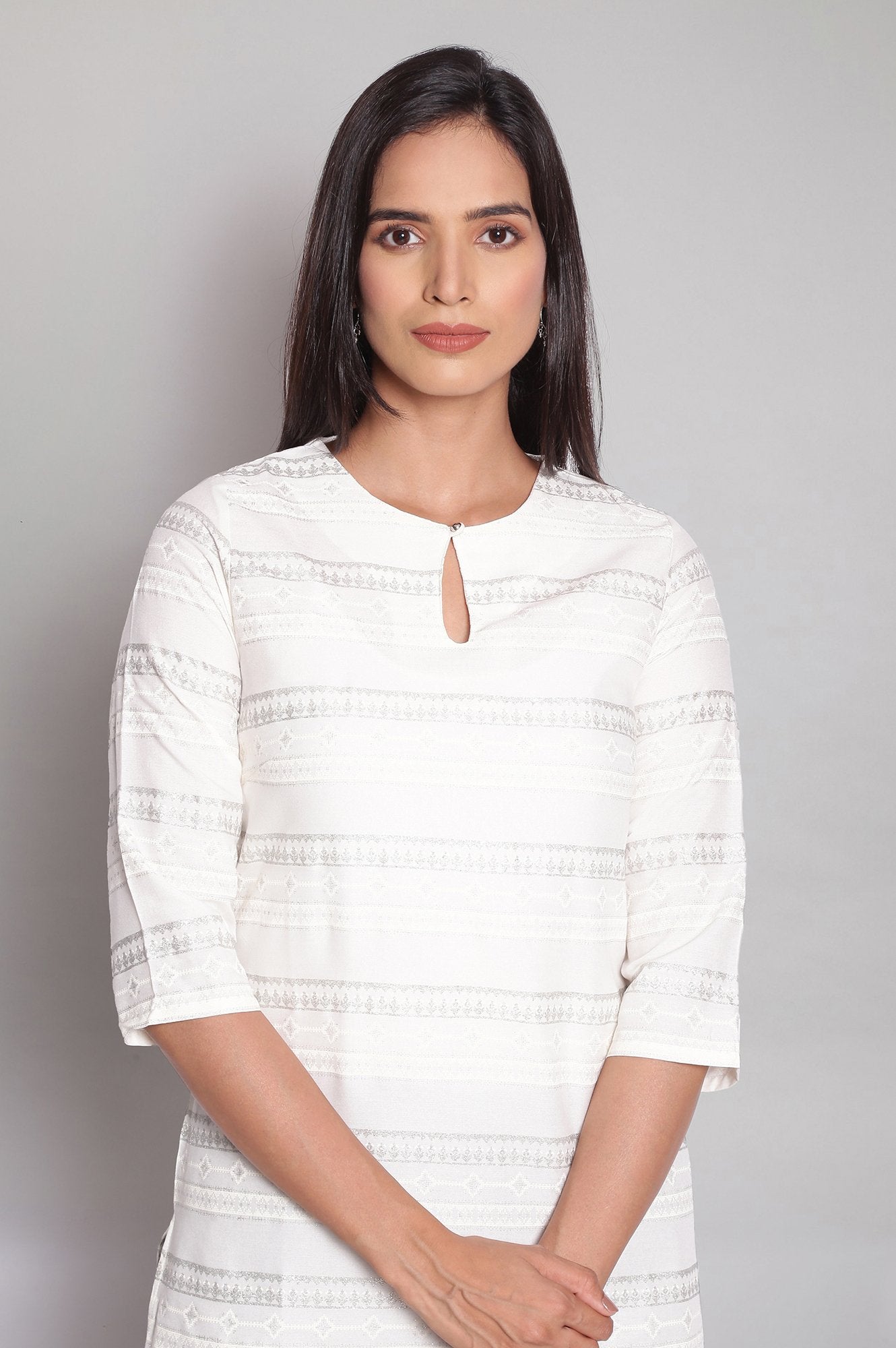 Ecru Glitter Printed Straight kurta