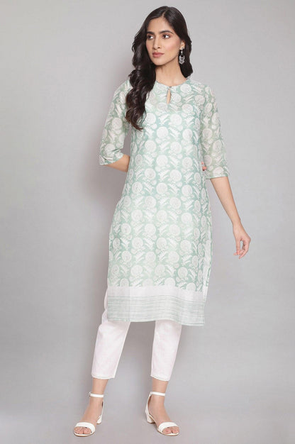 Sap Green kurta with Floral Silver Glitter Print - wforwoman