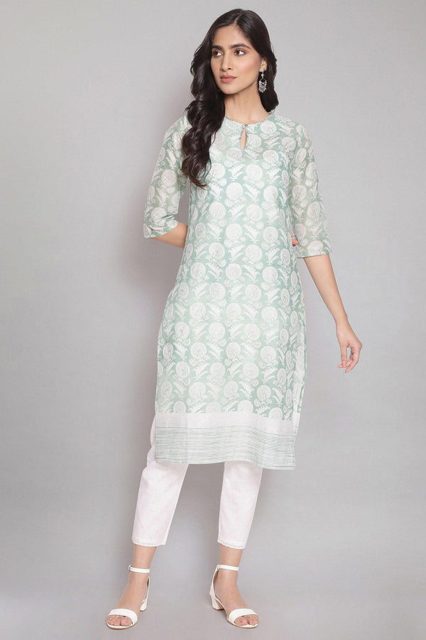 Sap Green kurta with Floral Silver Glitter Print