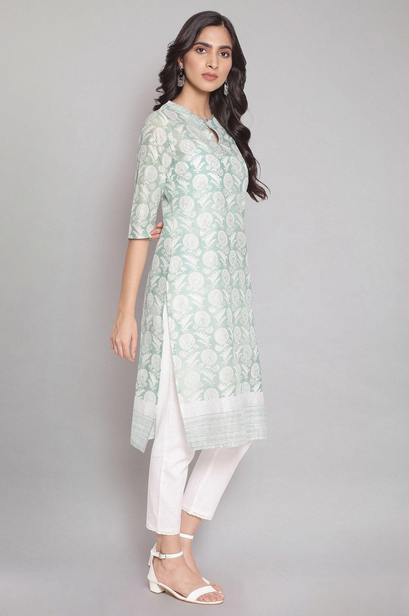 Sap Green kurta with Floral Silver Glitter Print - wforwoman