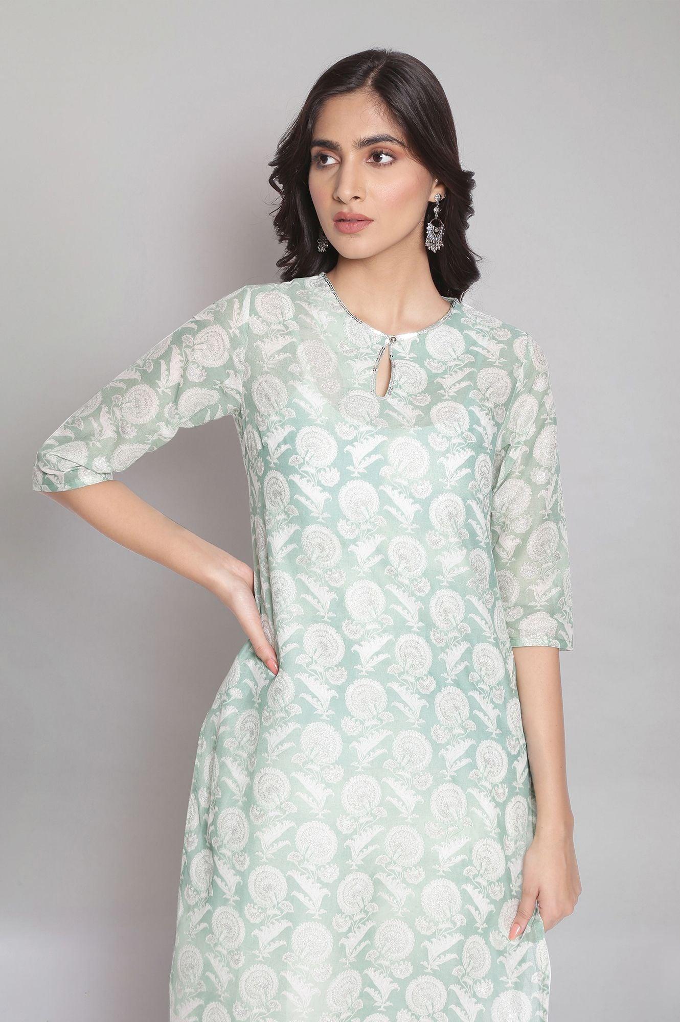 Sap Green kurta with Floral Silver Glitter Print - wforwoman
