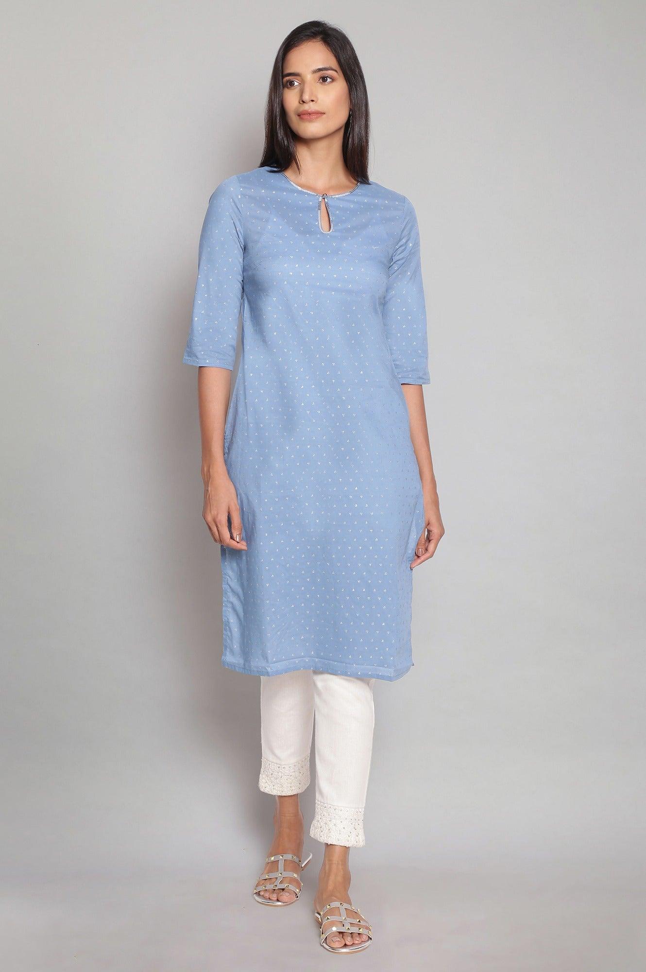Sky Blue kurta with Silver Glitter Print - wforwoman