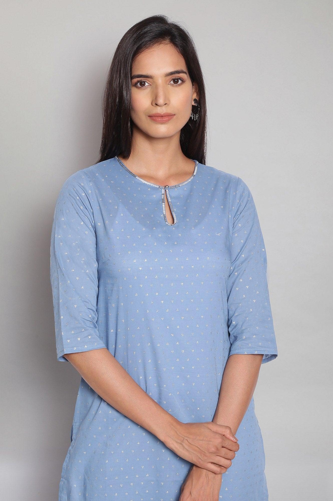 Sky Blue kurta with Silver Glitter Print - wforwoman