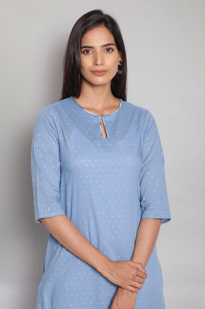 Sky Blue kurta with Silver Glitter Print - wforwoman
