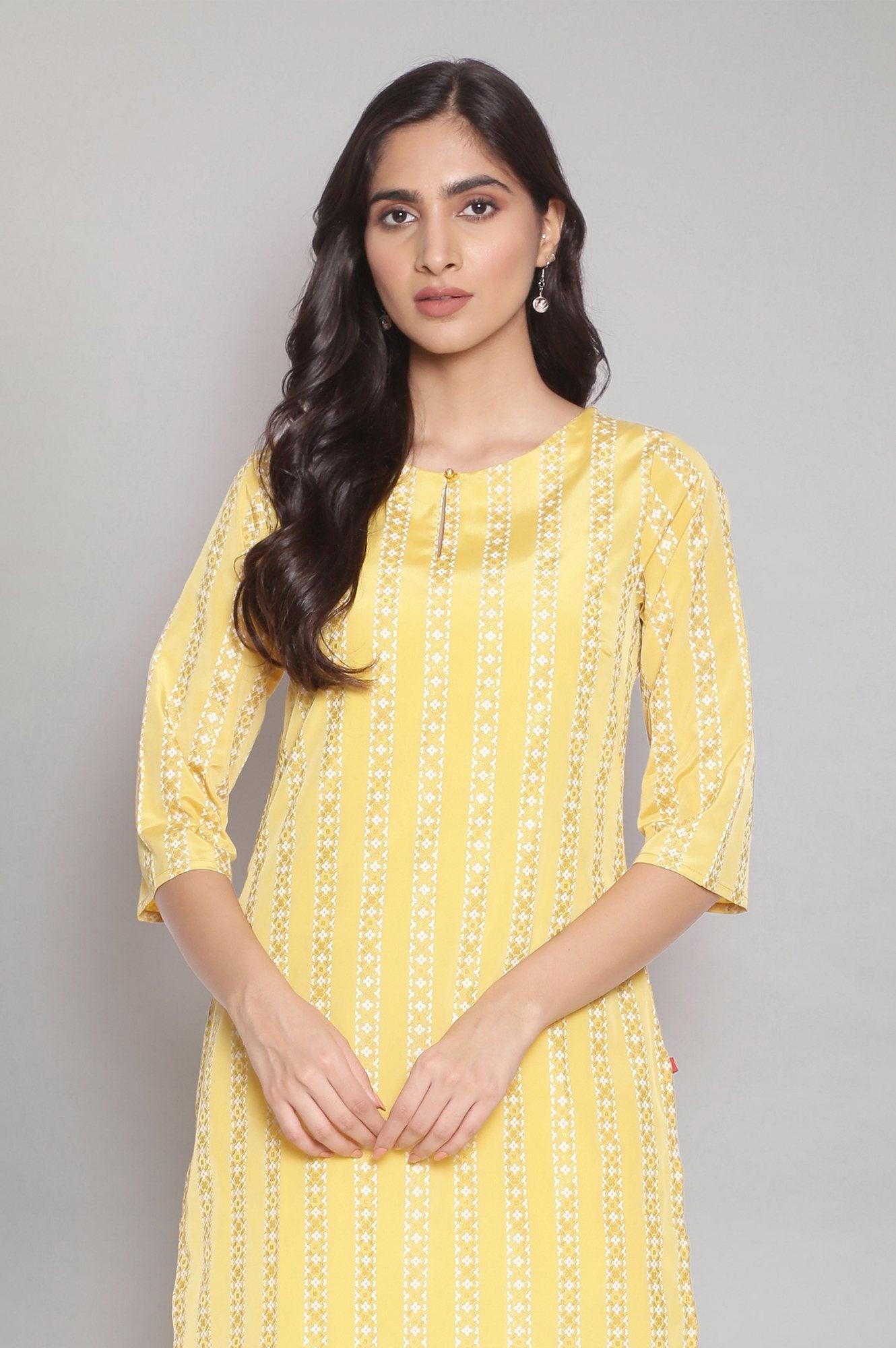 Mustard Yellow Round Neck Striped kurta - wforwoman