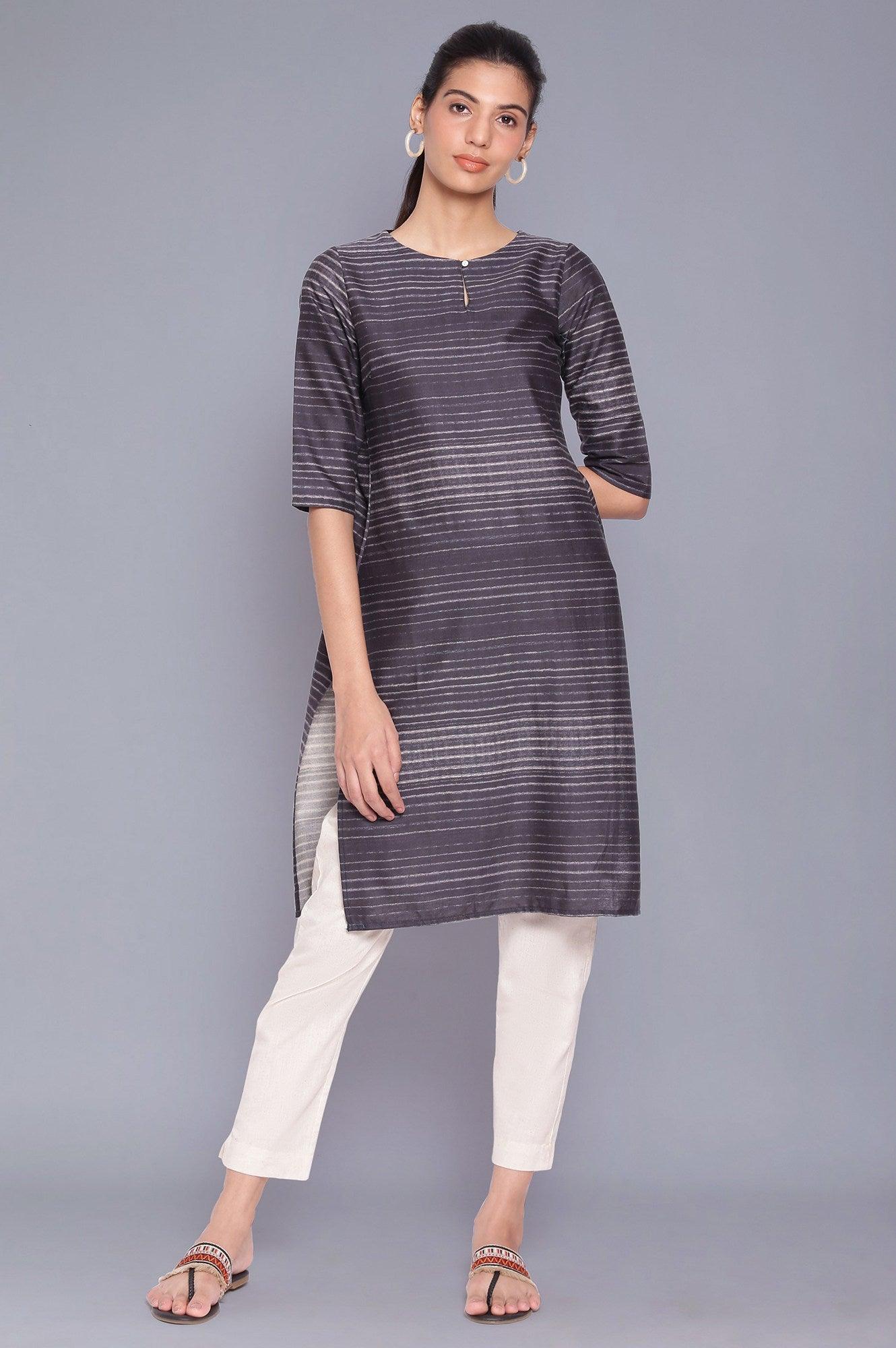 Dark Grey Stripe Printed Cotton kurta - wforwoman
