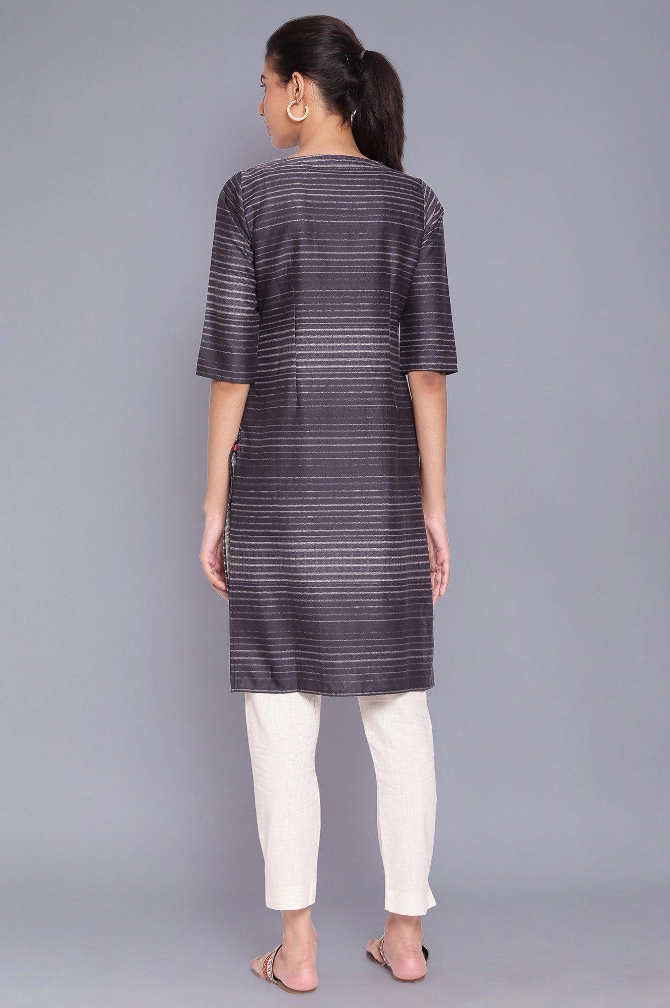 Dark Grey Stripe Printed Cotton kurta - wforwoman