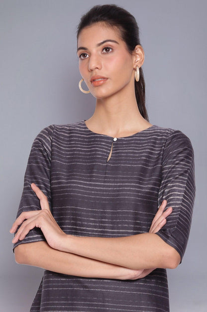 Dark Grey Stripe Printed Cotton kurta - wforwoman