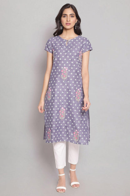 Chambray Blue Floral Print kurta - wforwoman