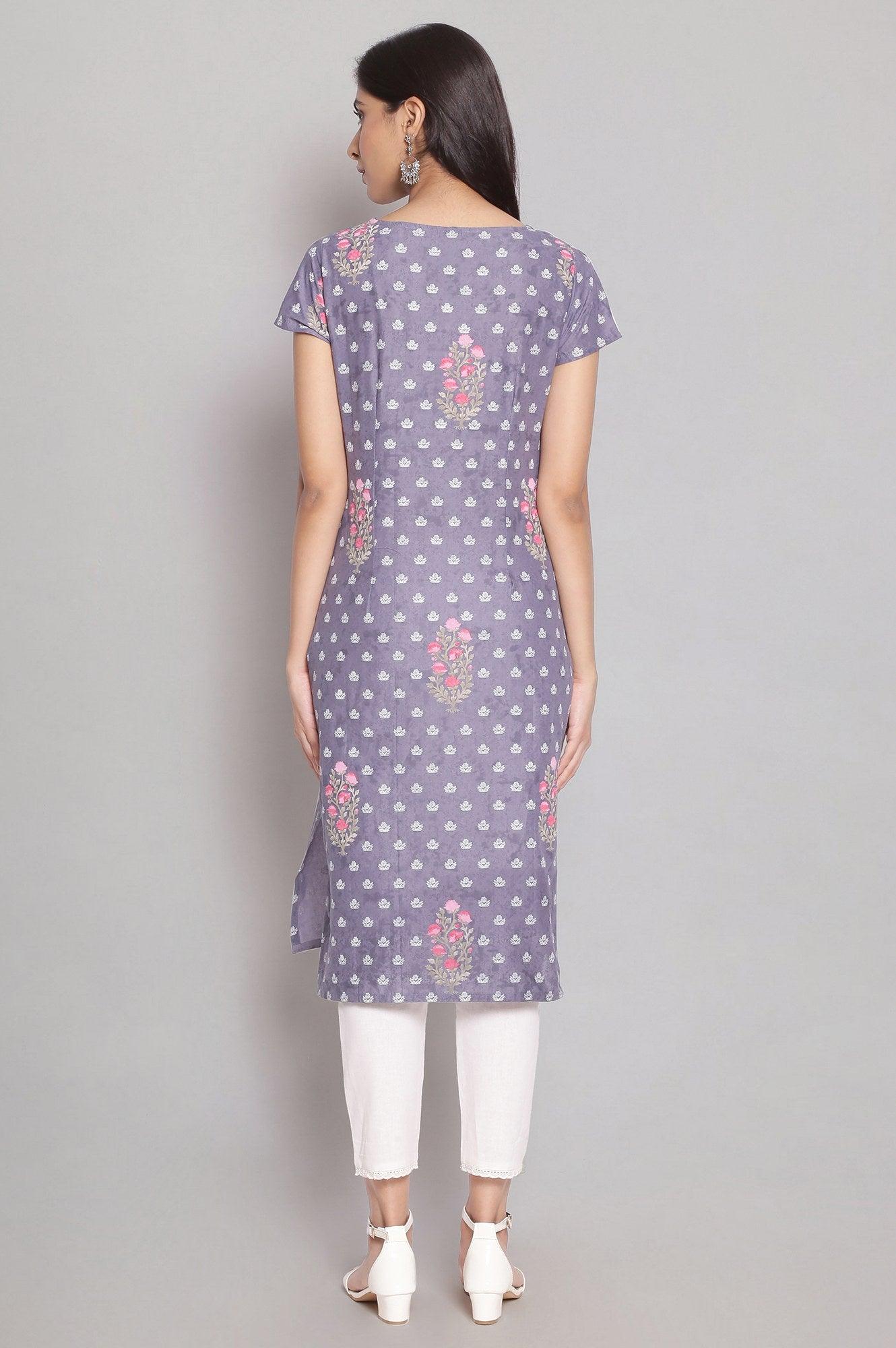Chambray Blue Floral Print kurta - wforwoman