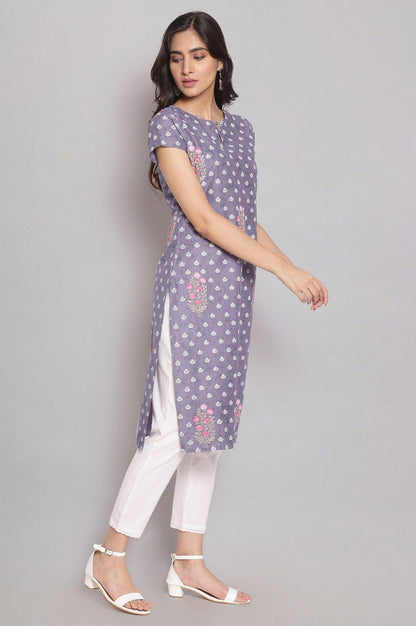 Chambray Blue Floral Print kurta - wforwoman