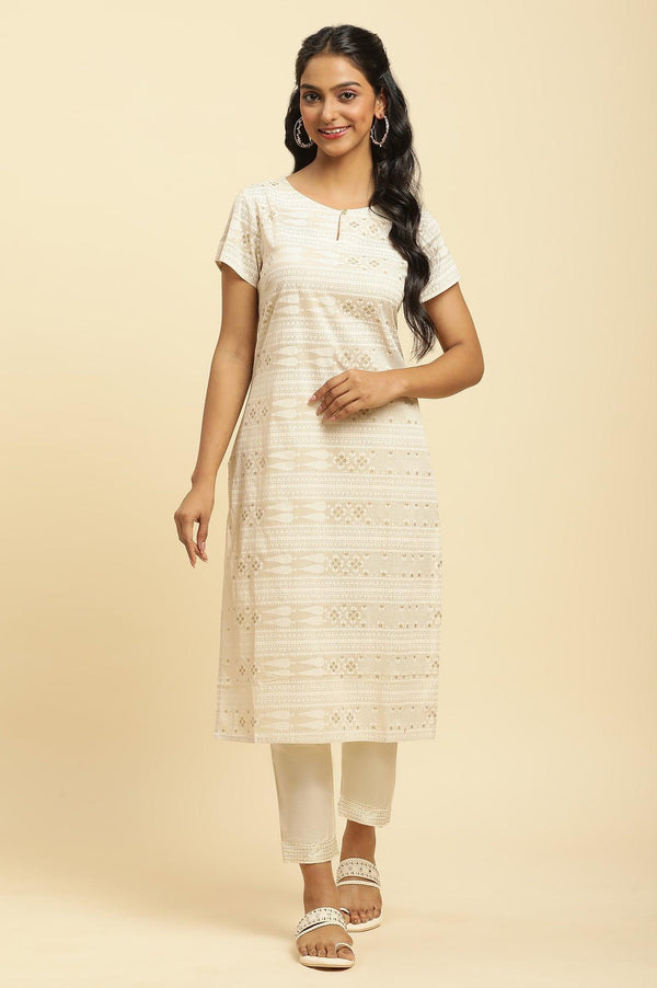 Beige Glitter Printed Straight Kurta
