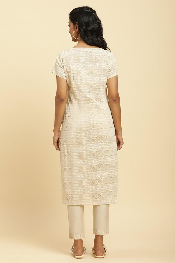 Beige Glitter Printed Straight Kurta