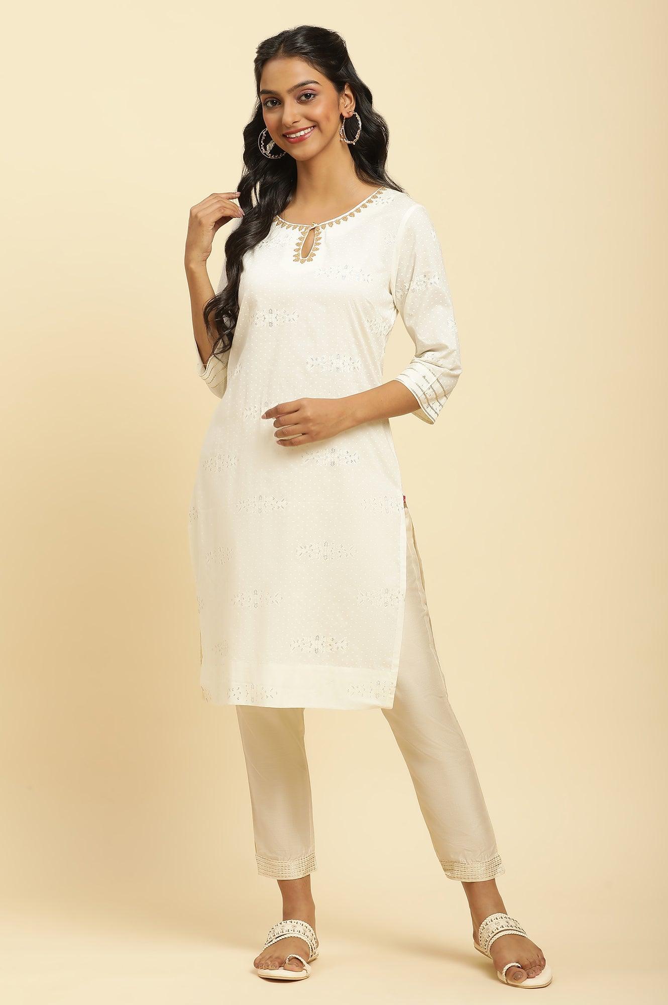 Ecru Gitter Printed Embellished Kurta - wforwoman