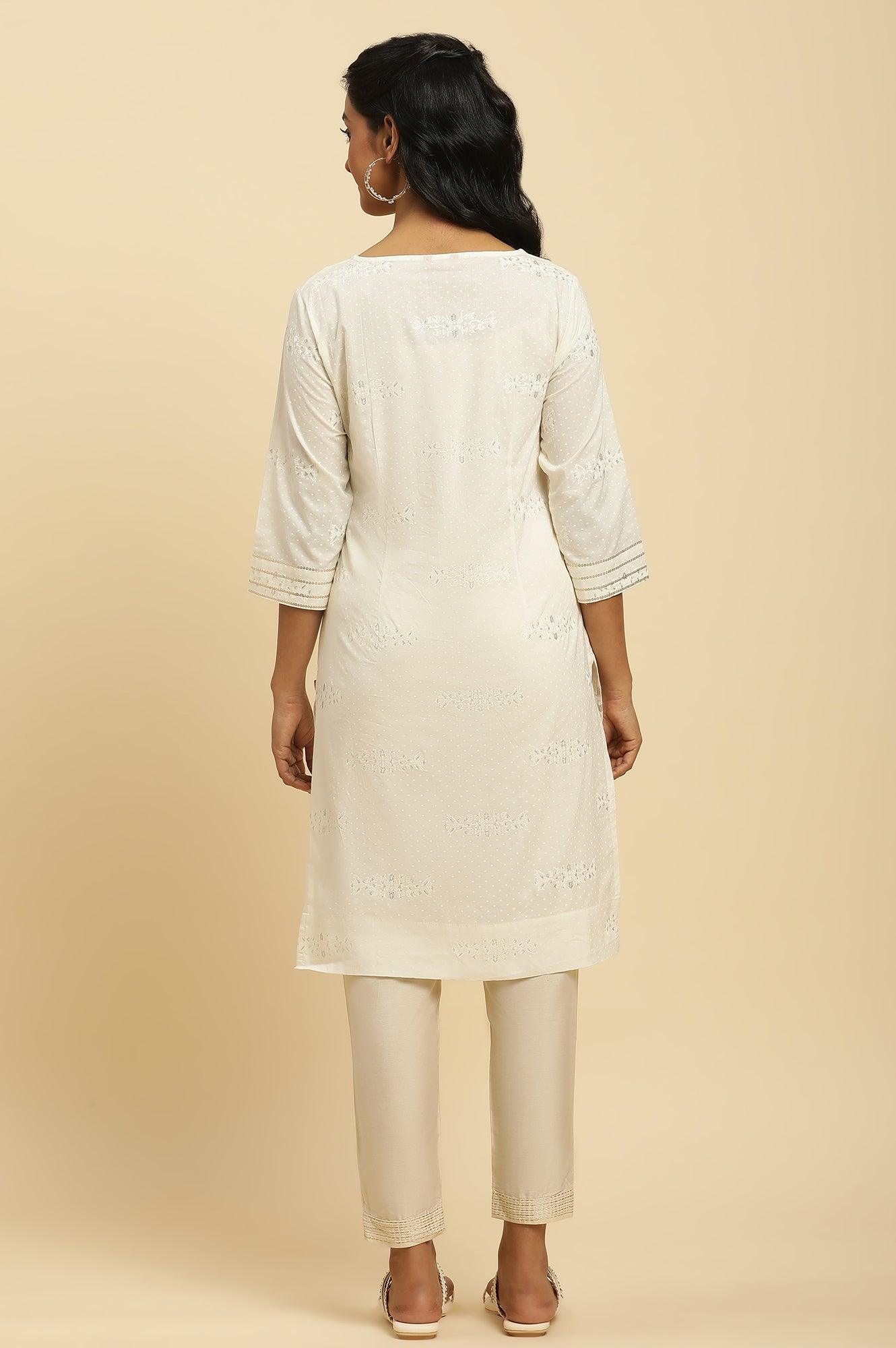 Ecru Gitter Printed Embellished Kurta - wforwoman