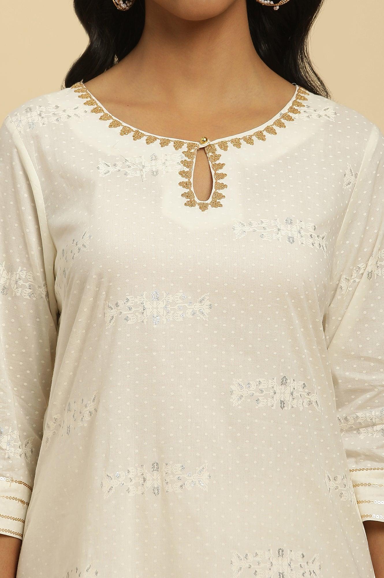 Ecru Gitter Printed Embellished Kurta - wforwoman